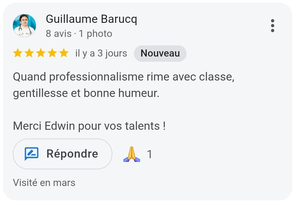 5-star Google review by Guillaume Barucq regarding Edwin Voix Off's voice-over services